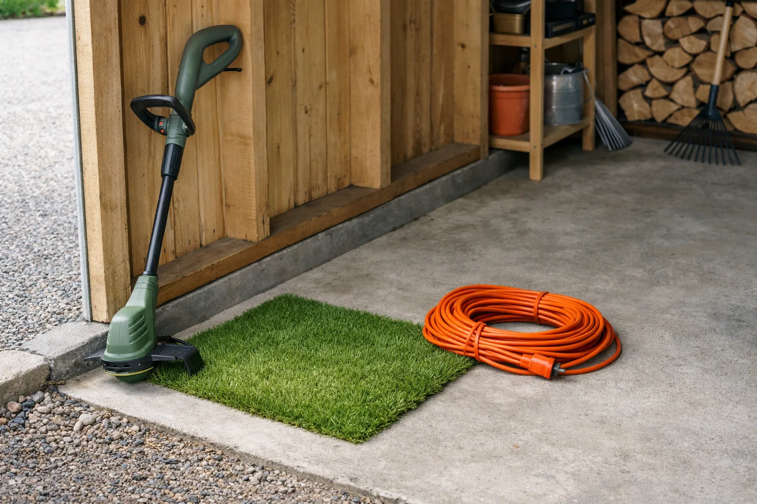 Enkel grästrimmer i ett garage.