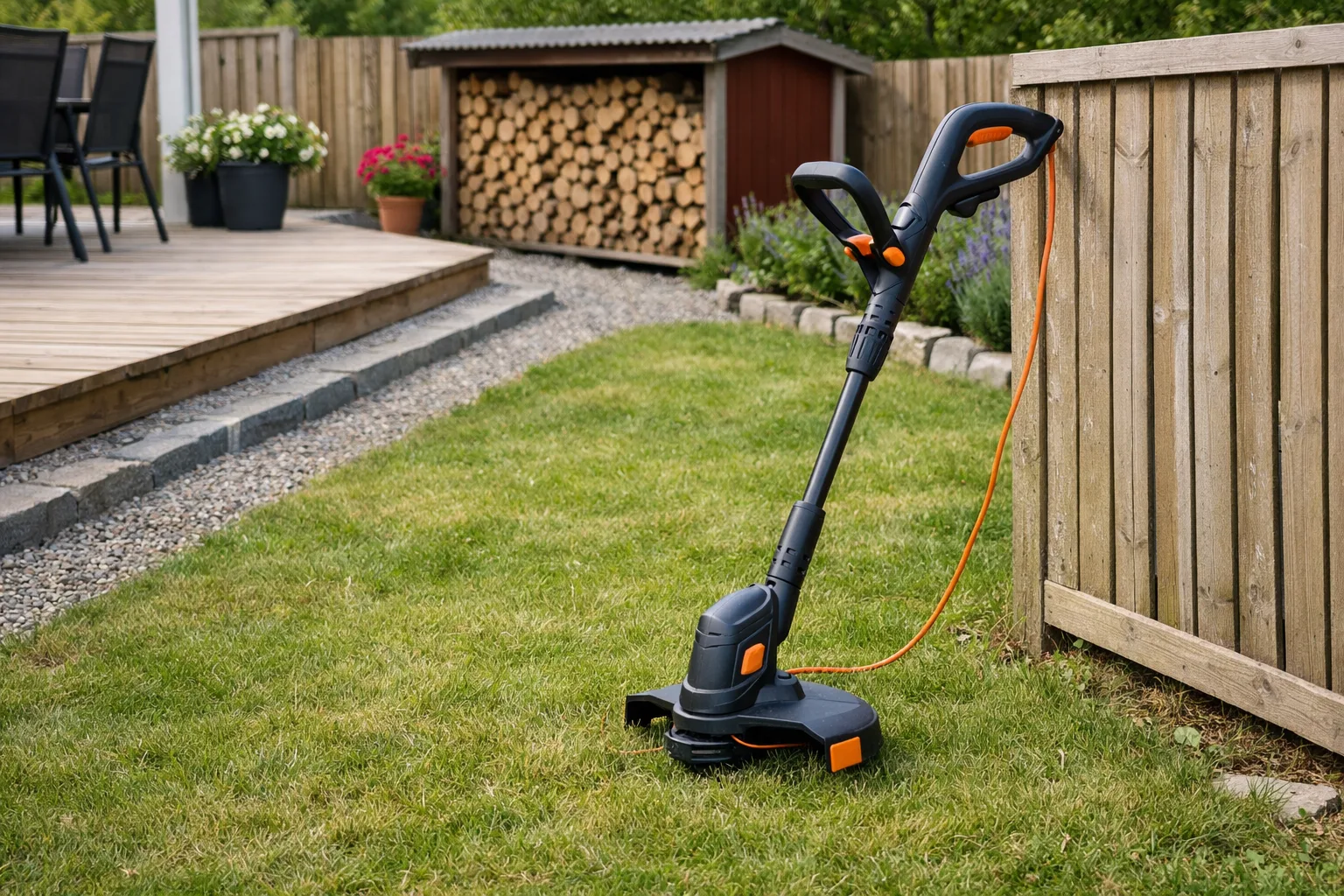 Sladdtrimmer på en liten gräsmatta vid en terrass.