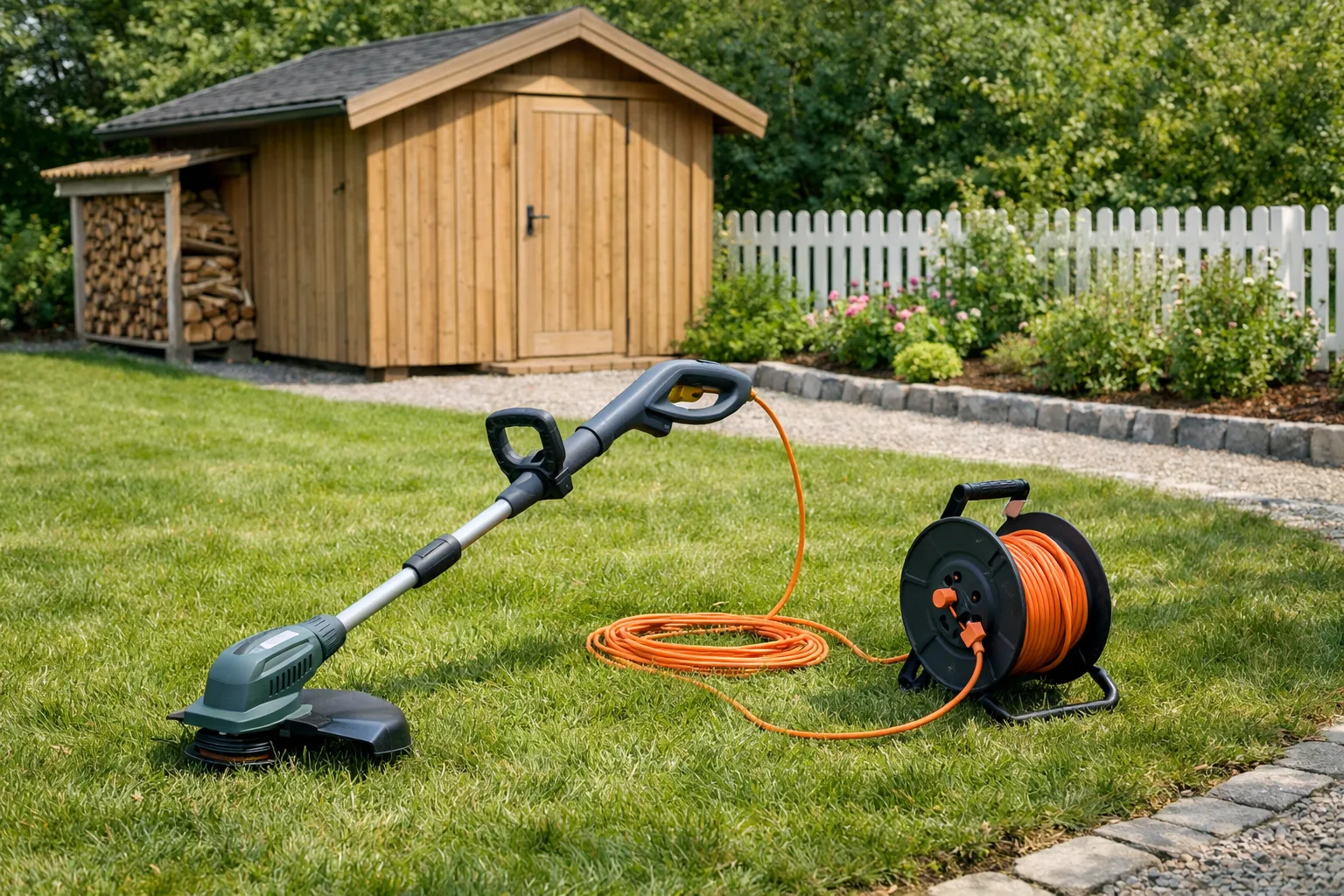 Elektrisk grästrimmer med sladd på gräset.