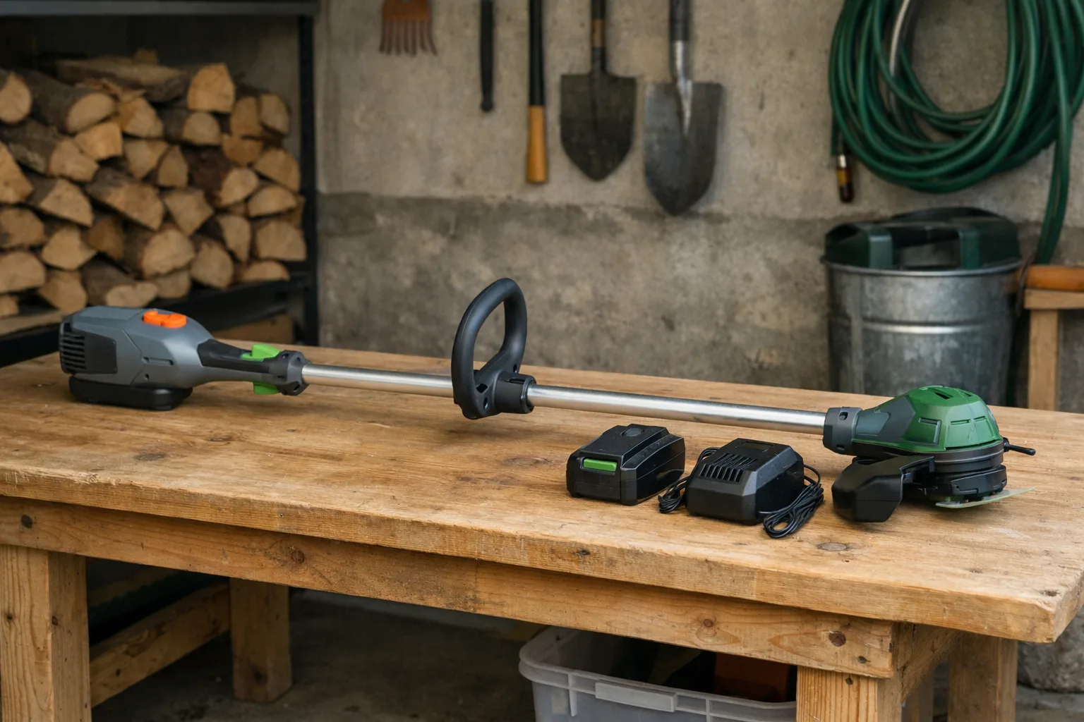 Batteridriven grästrimmer med batteri och laddare på en bänk.