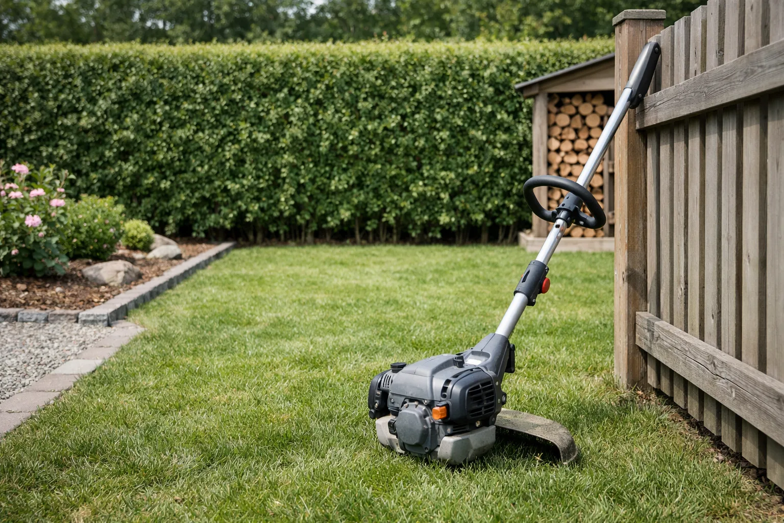 Bensindriven grästrimmer på en gräsmatta vid en häck.