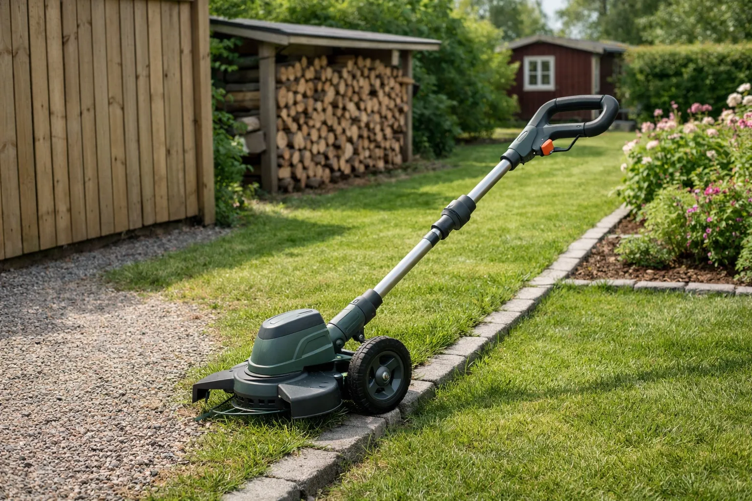 Grästrimmer på hjul vid en gräskant.