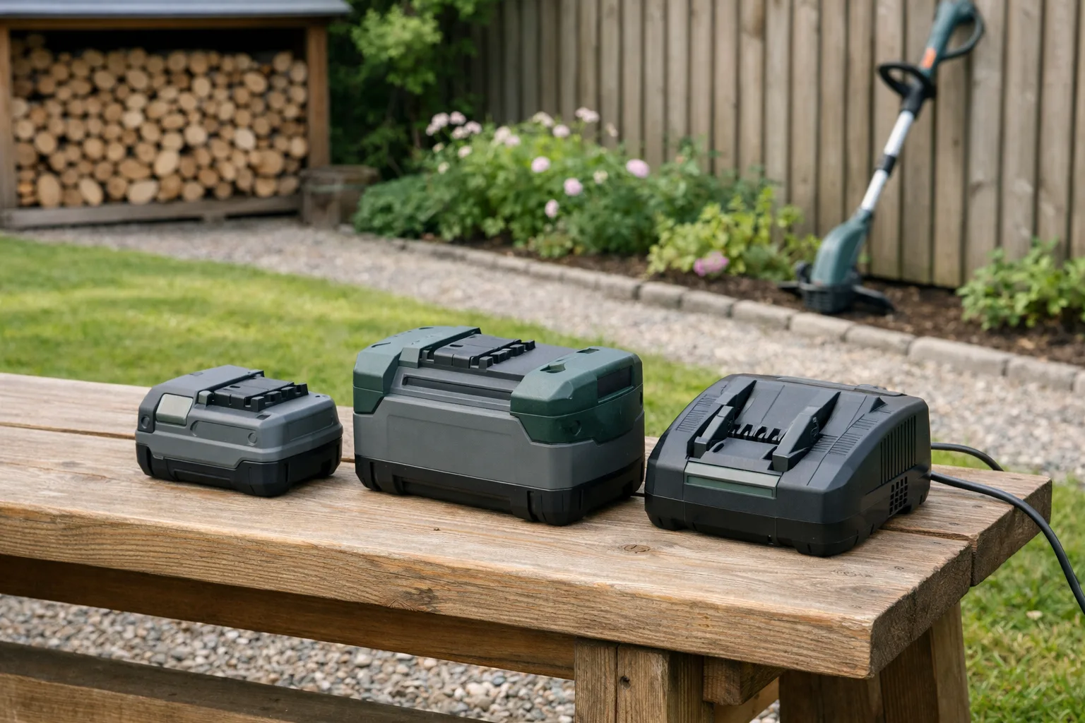 Två trimmerbatterier i olika storlek på en bänk.