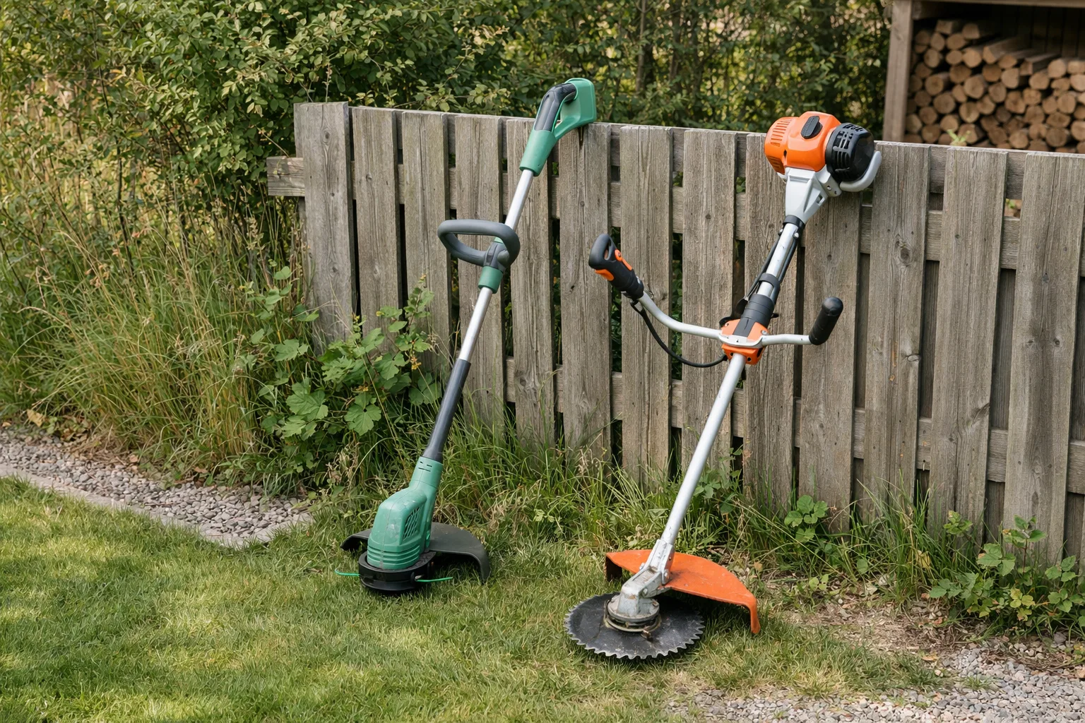 En trimmer och en röjsåg lutade mot ett staket.