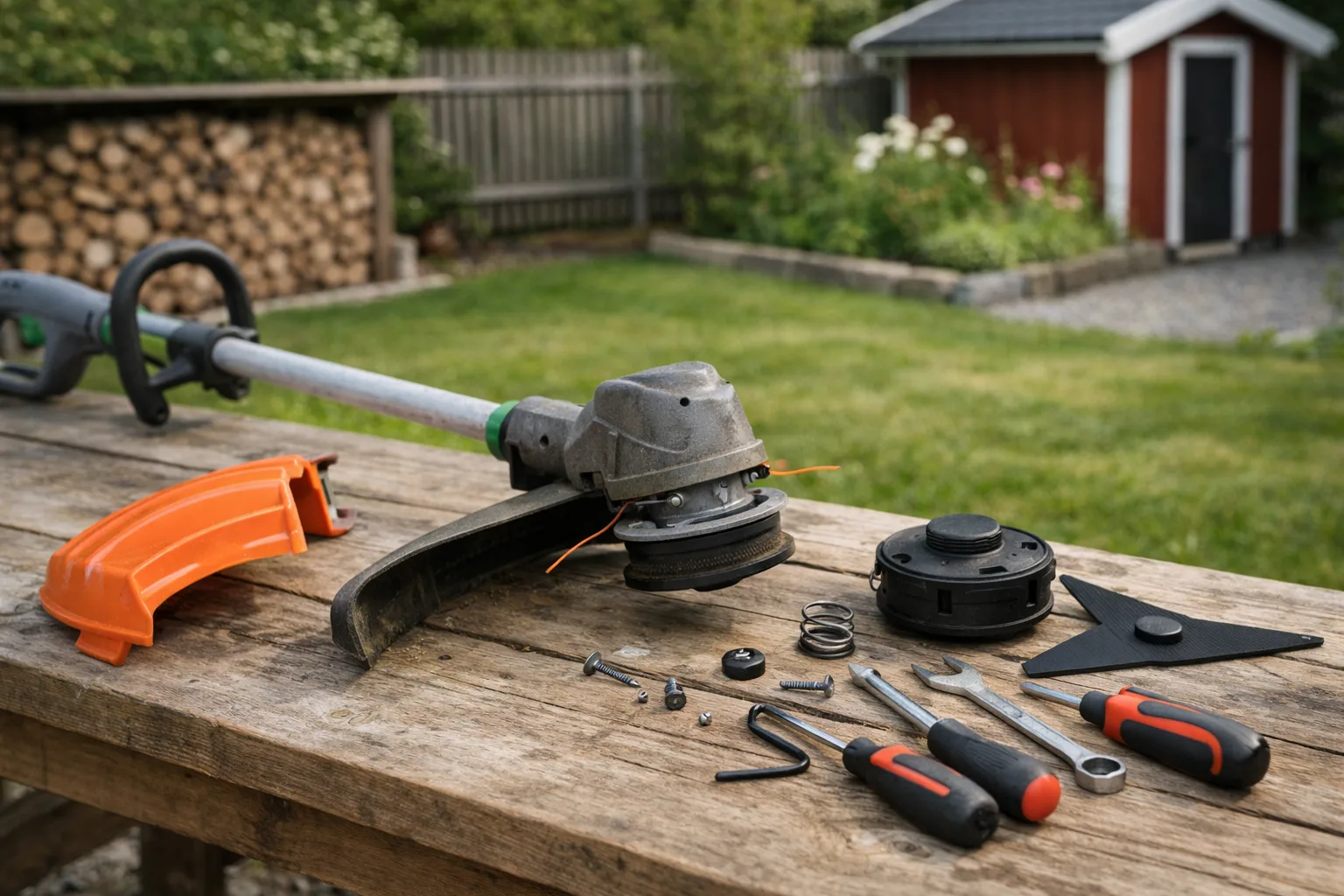 Trimmer med demonterad kåpa på en arbetsbänk.