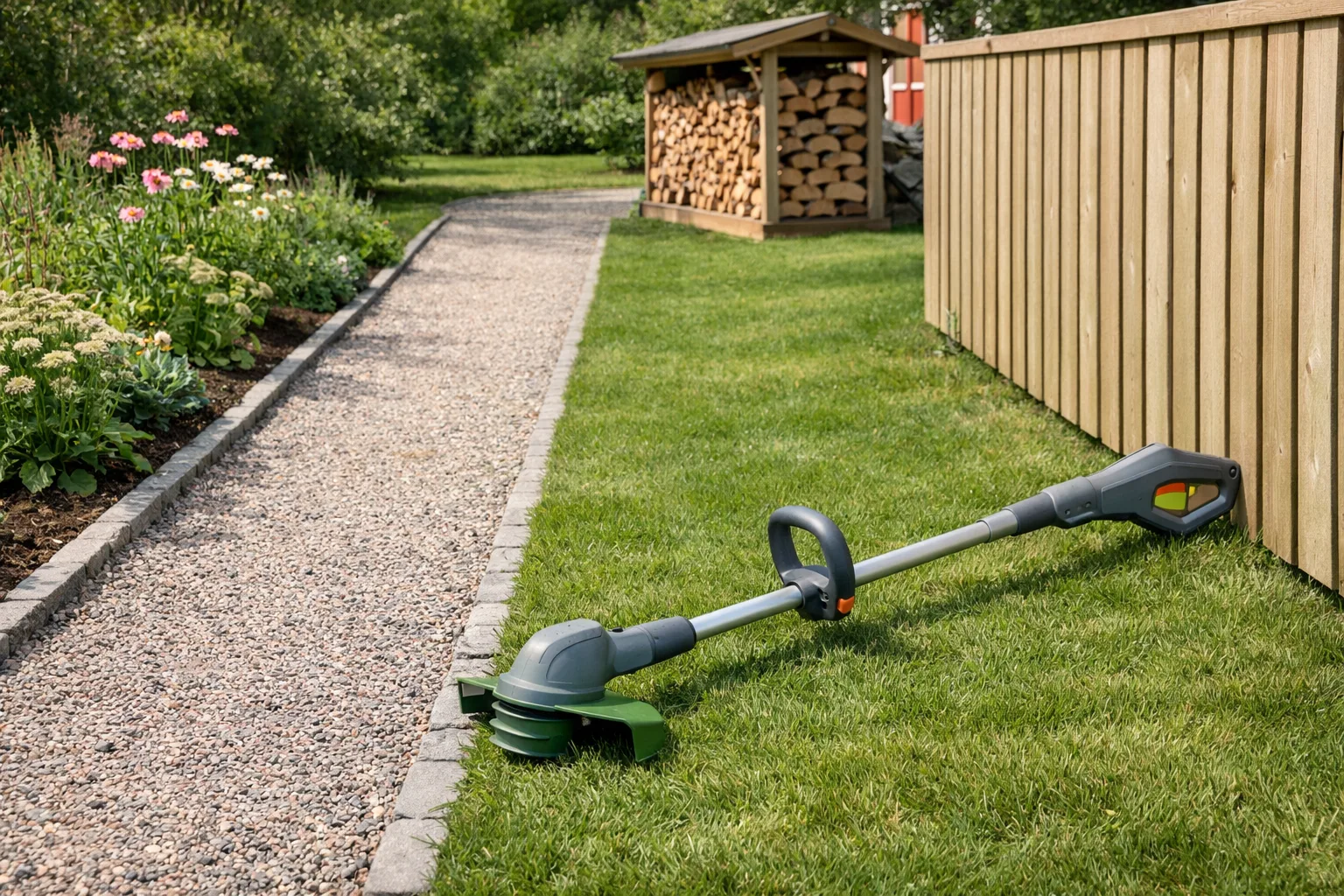 Nytrimmad gräskant längs en grusgång.