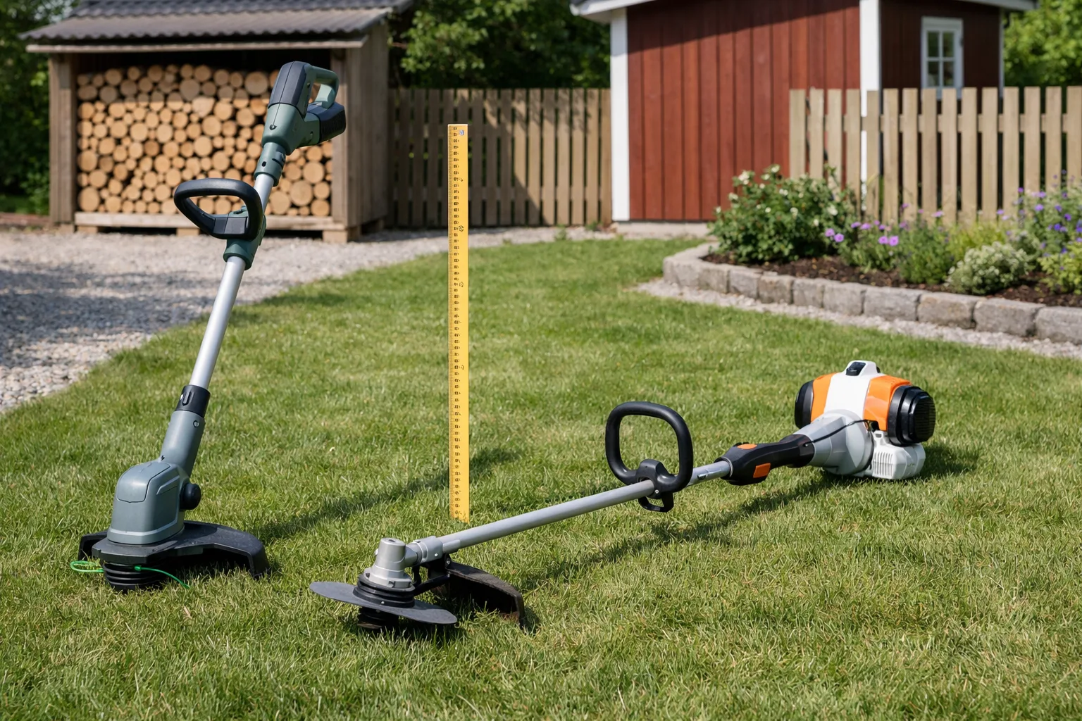 Två trimmers uppställda på en gräsmatta.