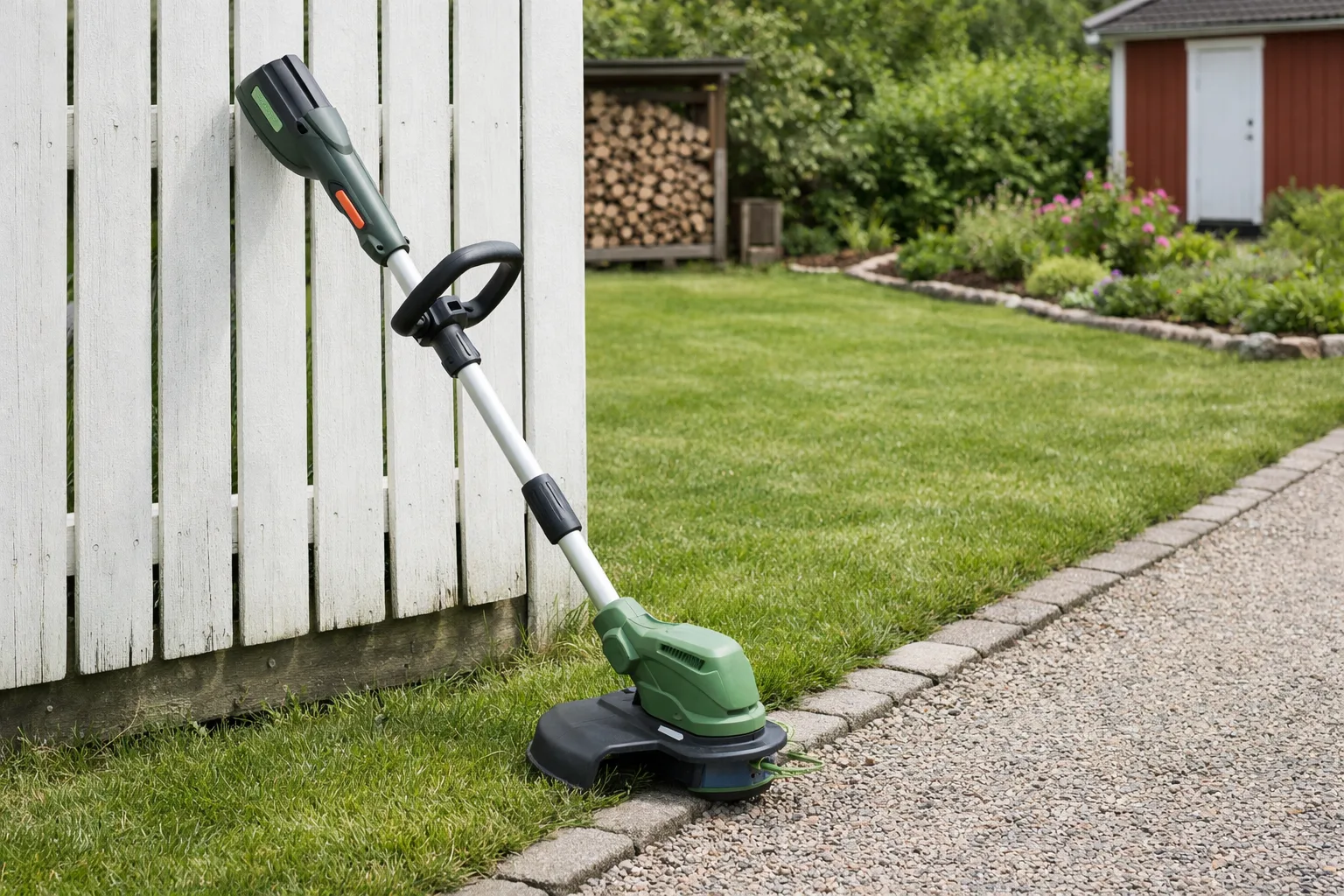 Grästrimmer lutad mot ett staket vid en gräsmatta.