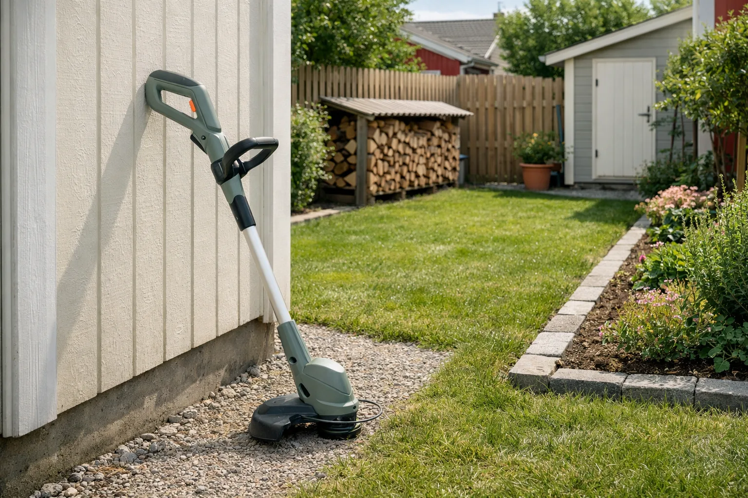 Liten grästrimmer i en radhusträdgård.