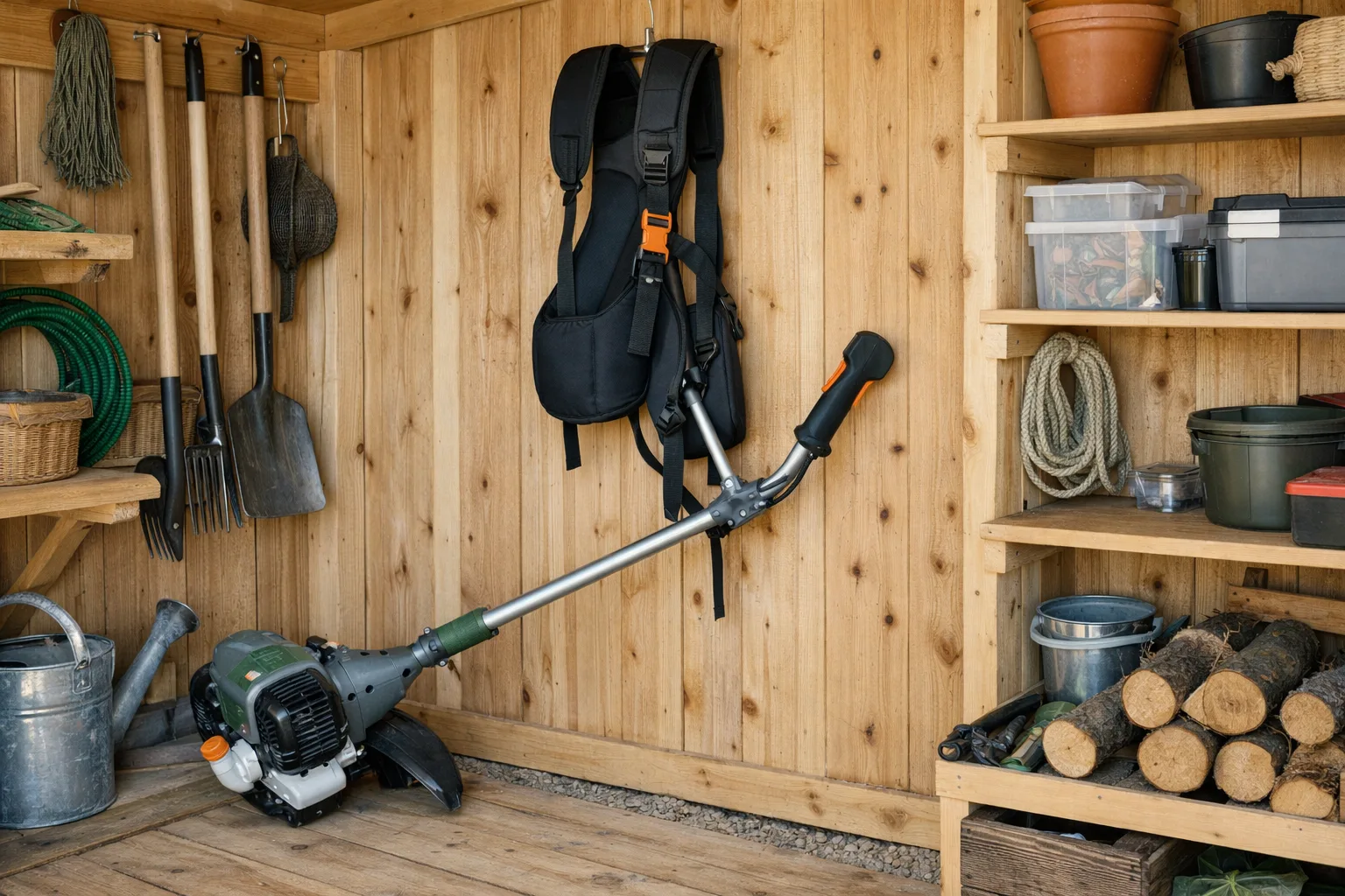 Trimmer med bärsele hängd på en väggkrok.